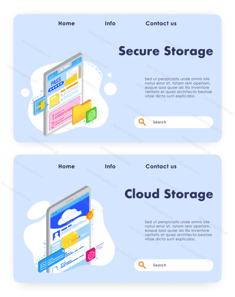 Data storage vector website template, landing page design for website and mobile site development. Secure and cloud computing storage service web banners, flat isometric illustration.