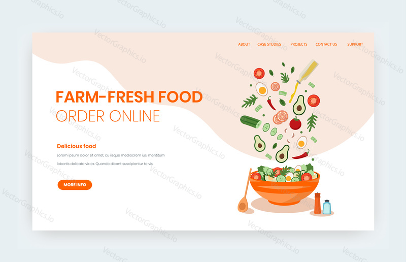 Farm fresh food online vector website template, landing page design for website and mobile site development. Order fresh organic fruit, vegetables online, healthy food delivery, grocery.