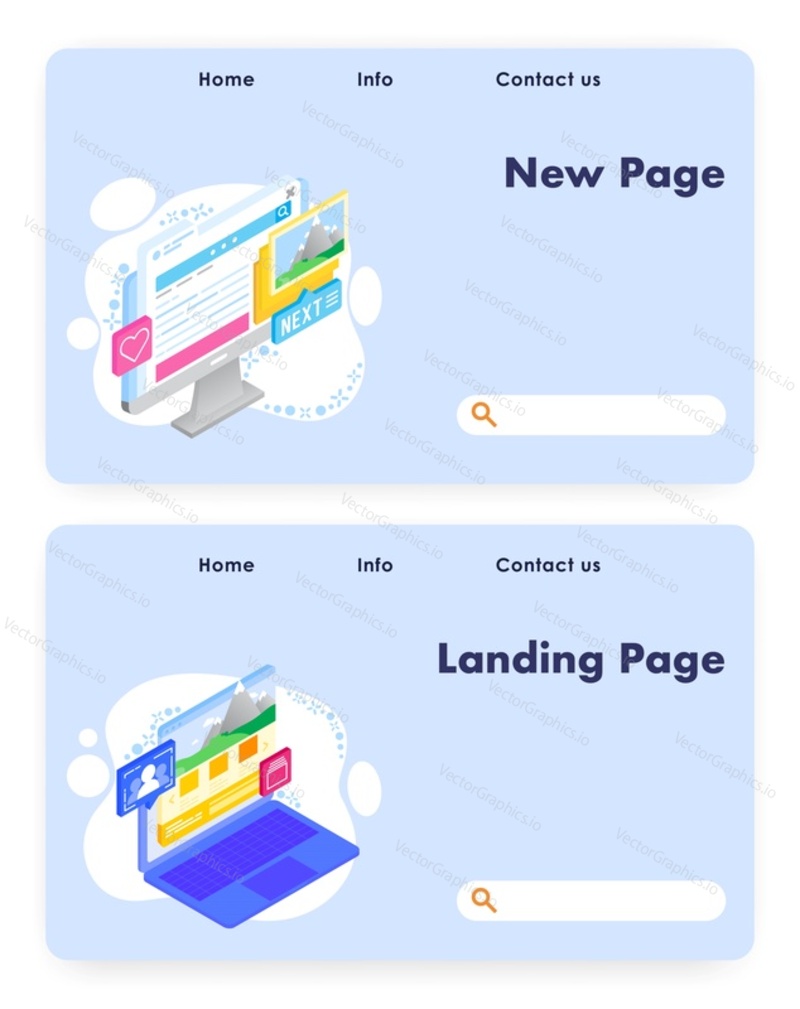 Vector website template, landing page design for website and mobile site development. New and landing page banners, flat isometric illustration.