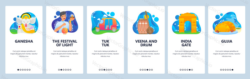 Indian landmarks web site and mobile app onboarding screens. Menu banner vector template for website and application development with blue abstract shapes. Indian culture, cuisine, tourist attractions