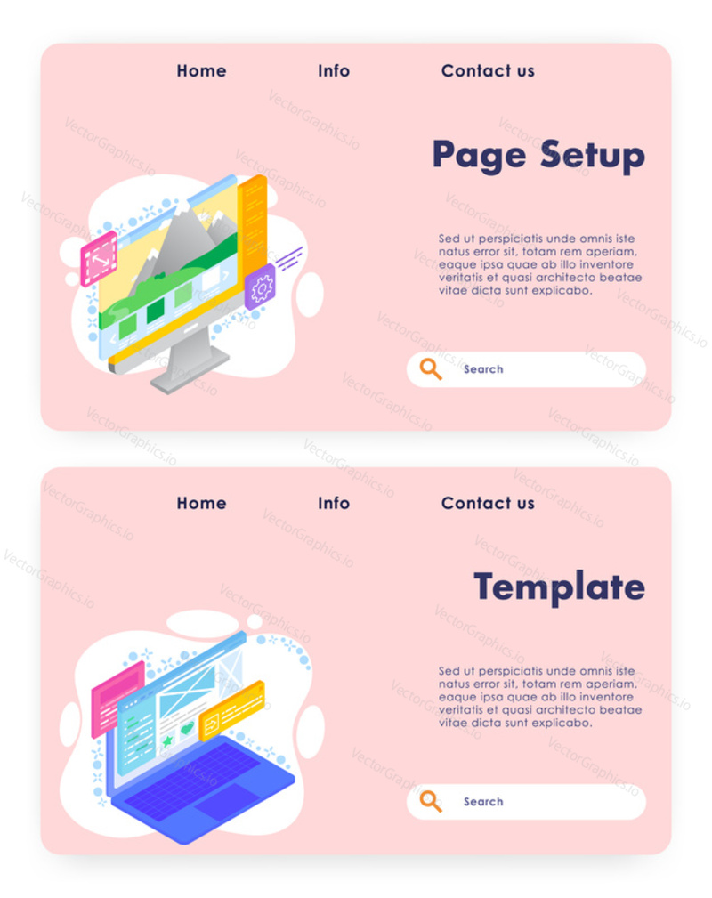 Vector website template, landing page design for website and mobile site development. Page setup and Template web banners, flat isometric illustration.