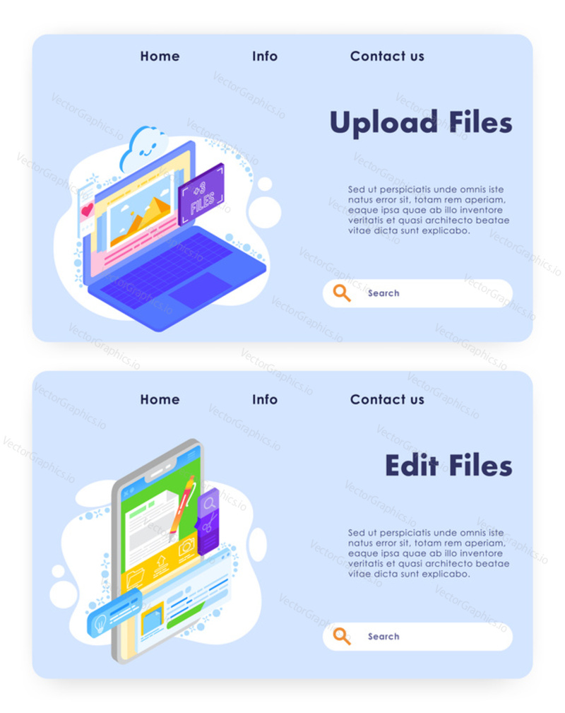 Vector website template, landing page design for website and mobile site development. Upload files and edit files web banners, flat isometric illustration.