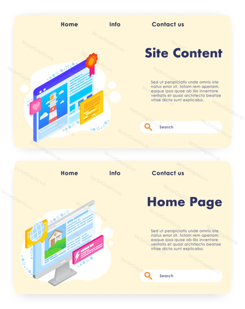 Vector website template, landing page design for website and mobile site development. Site content and home page web banners. Content curation, creation, flat isometric illustration.