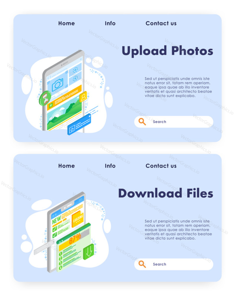 Vector website template, landing page design for website and mobile site development. Upload photos and download files web banners, flat isometric illustration.