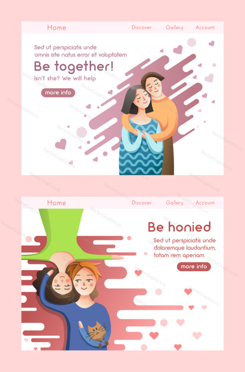 Couple in love concept. Man and woman relationship. Happy romantic family together hug each other. Vector web site design template. Landing page website concept illustration.