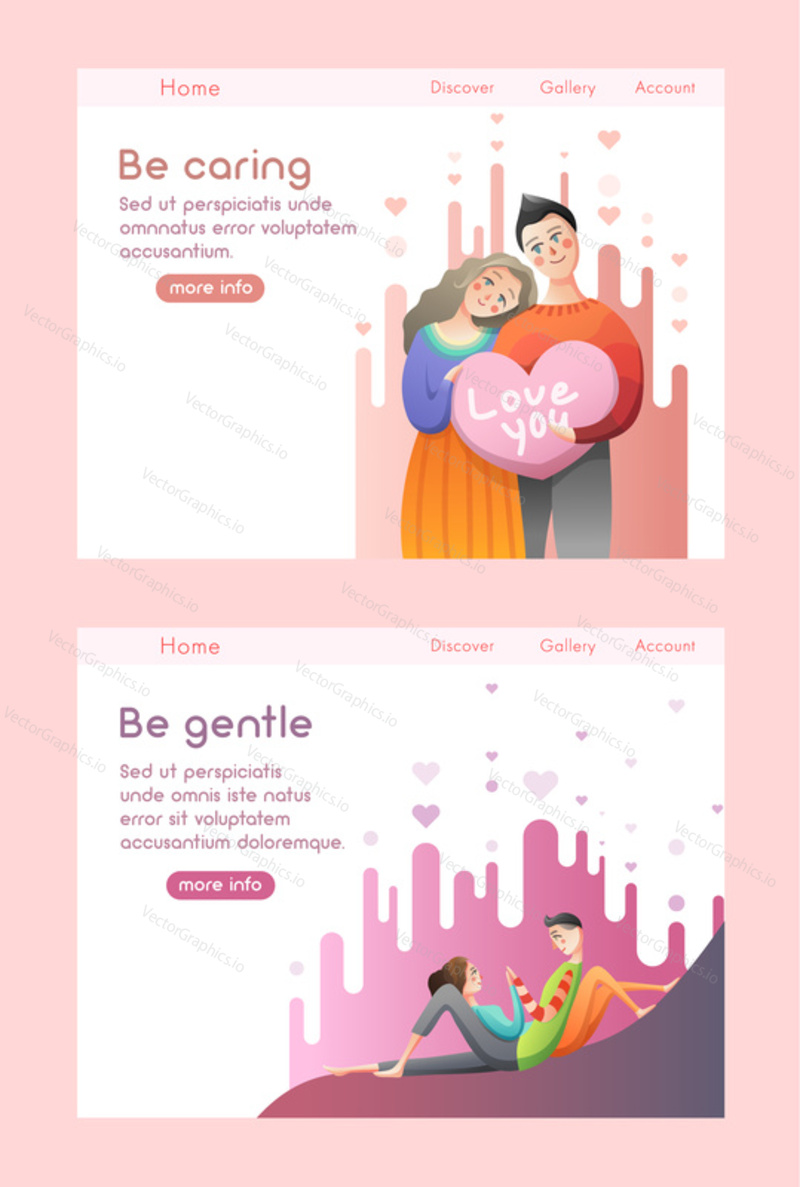 Lovely couple hold big heart and hug each other. Love and relationship concept. Wedding invitation card. Vector web site design template. Landing page website illustration.