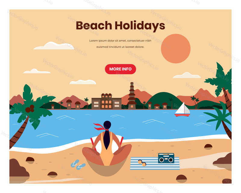 Beach holidays vector web banner template. Woman sitting on beach and reading book, retro flat style design illustration. Summer holidays, tropical vacation, travel and tourism.