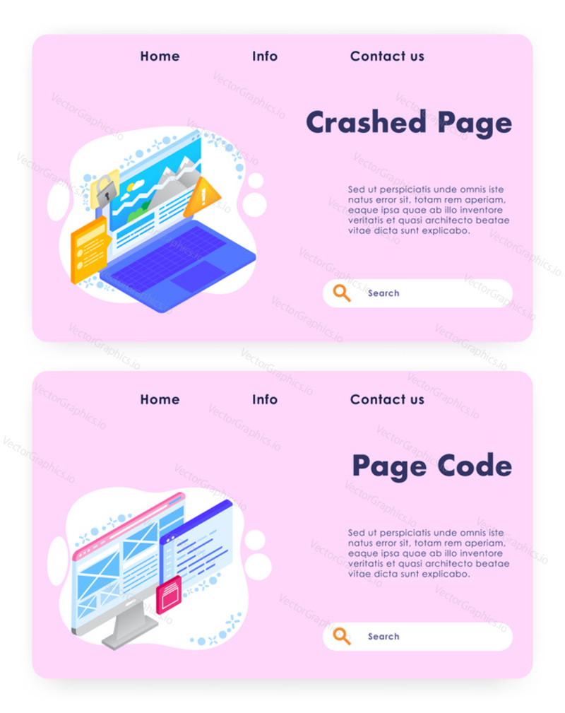 Vector website template, landing page design for website and mobile site development. Web page coding and fixing crash error concept banners, flat isometric illustration.