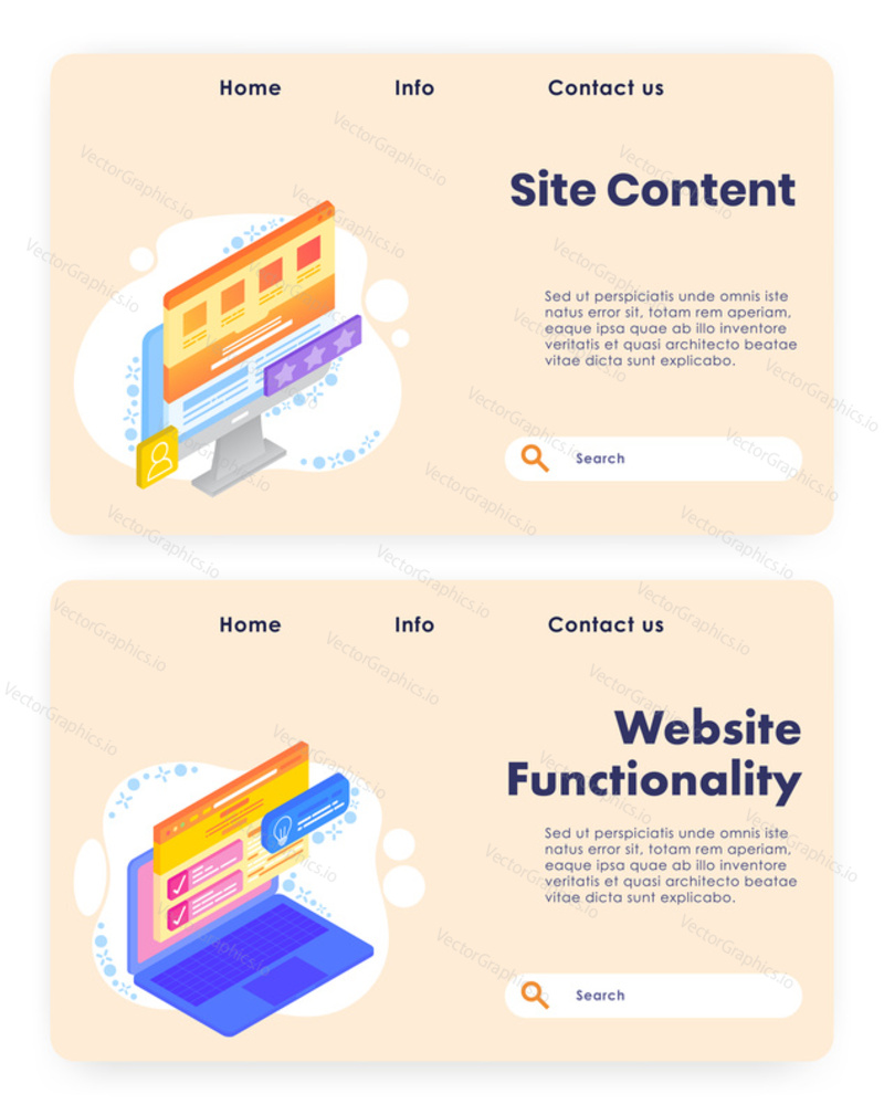 Vector website template, landing page design for website and mobile site development. Site content and functionality banners web, flat isometric illustration.