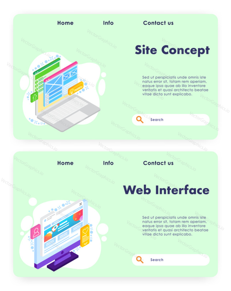 Vector website template, landing page design for website and mobile site development. Site concept and Web interface web banners, flat isometric illustration.