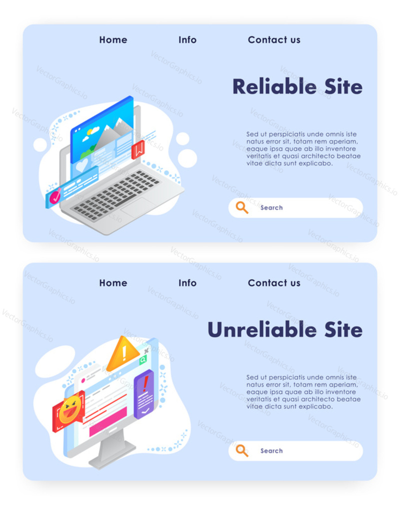 Vector website template, landing page design for website and mobile site development. Reliable and unreliable sites web banners, flat isometric illustration.