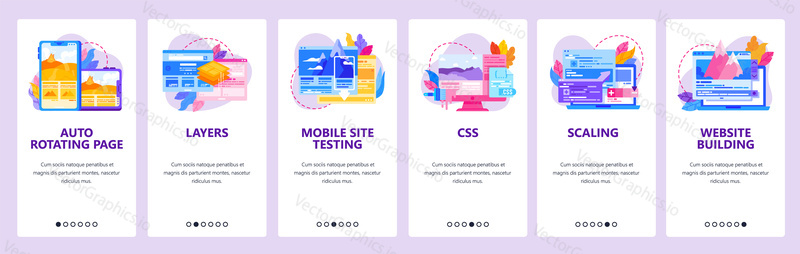 Website and mobile app onboarding screens. Menu banner vector template for web site and application development with liquid abstract shapes. Site creation and testing concept.