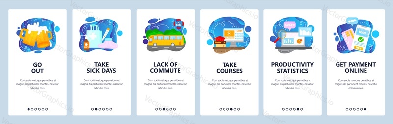 Job perks benefits for wellbeing, higher productivity of employees. Take sick days, go out. Mobile app screens. Vector banner template for website and mobile development. Web site design illustration.
