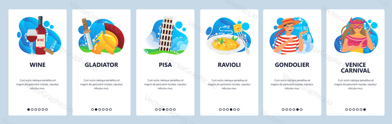 Italian culture web site and mobile app onboarding screens. Menu banner vector template for website and application development. Italian national traditions, world famous places, cuisine and tourism.