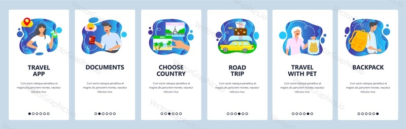 Trip planning. Choose country, documents, travel with pet, road trip, backpack. Mobile app onboarding screens. Vector banner template for website and mobile development. Web site design illustration.