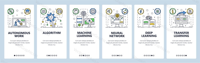 Machine learning web site and mobile app onboarding screens. Menu banner vector template for website and application development. Transfer and deep learning, autonomous work. Thin line art flat style.
