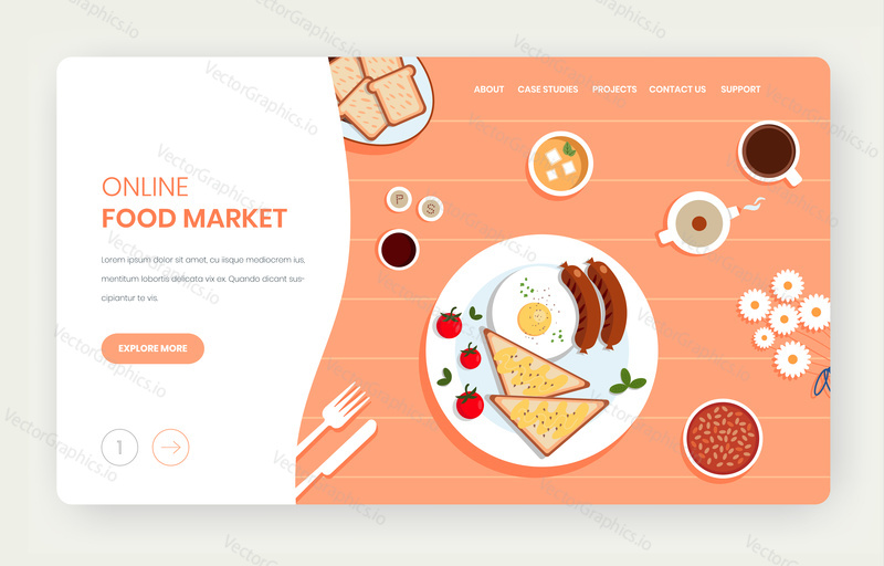 Online food market vector website template, landing page design for website and mobile site development. Restaurant food order and delivery.