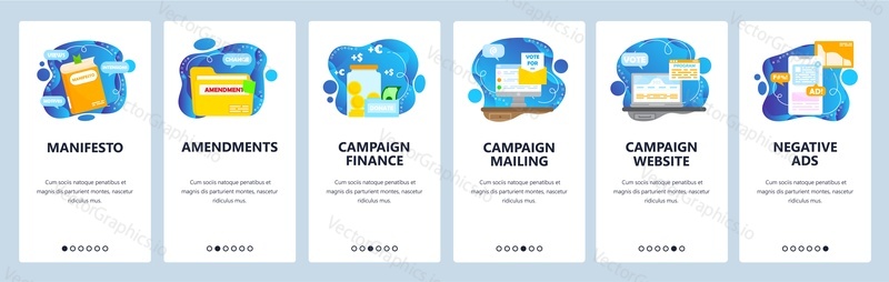 Election campaign. Political party or candidate manifesto, amendments, finance, website, ad. Mobile app screens. Vector banner template for website and mobile development. Web site design illustration
