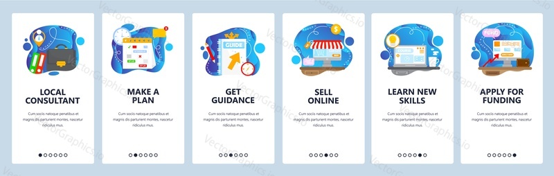 Small local business support. Planning, learning, getting consultation, funding. Mobile app onboarding screens. Vector banner template for website and mobile development. Web site design illustration.