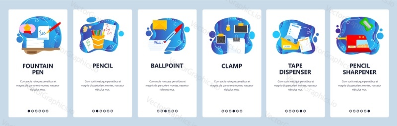 Stationery. Office supplies for business, school. Pen, pencil, sharpener, clamp, ballpoint. Mobile app screens. Vector banner template for website and mobile development. Web site design illustration