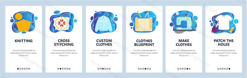 Handicraft. Sewing clothes, knitting, cross stitching. Tailor workshop, atelier. Mobile app onboarding screens. Vector banner template for website and mobile development. Web site design illustration.