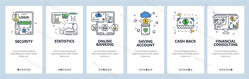 Budget and expense tracking, finance control. Online banking, security, saving account. Mobile app screens. Vector banner template for website and mobile development. Web site design illustration.