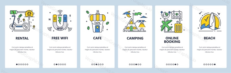 Summer camping outdoor recreation activity. Campsite with tents, wifi, cafe. Overnight stay. Mobile app screens. Vector banner template for website and mobile development. Web site design illustration