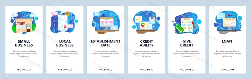 Small local business credit ability, establishment date, loan. Mobile app onboarding screens. Vector banner template for website and mobile development. Web site design illustration.