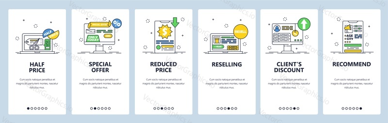 Online shopping offers, discounts, gifts, reselling. Customer loyalty and acquisition. Mobile app screens. Vector banner template for website and mobile development. Web site design illustration.