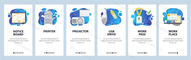 Business office workspace equipment and accessories. Printer, notice board, projector, usb. Mobile app screens. Vector banner template for website and mobile development. Web site design illustration.