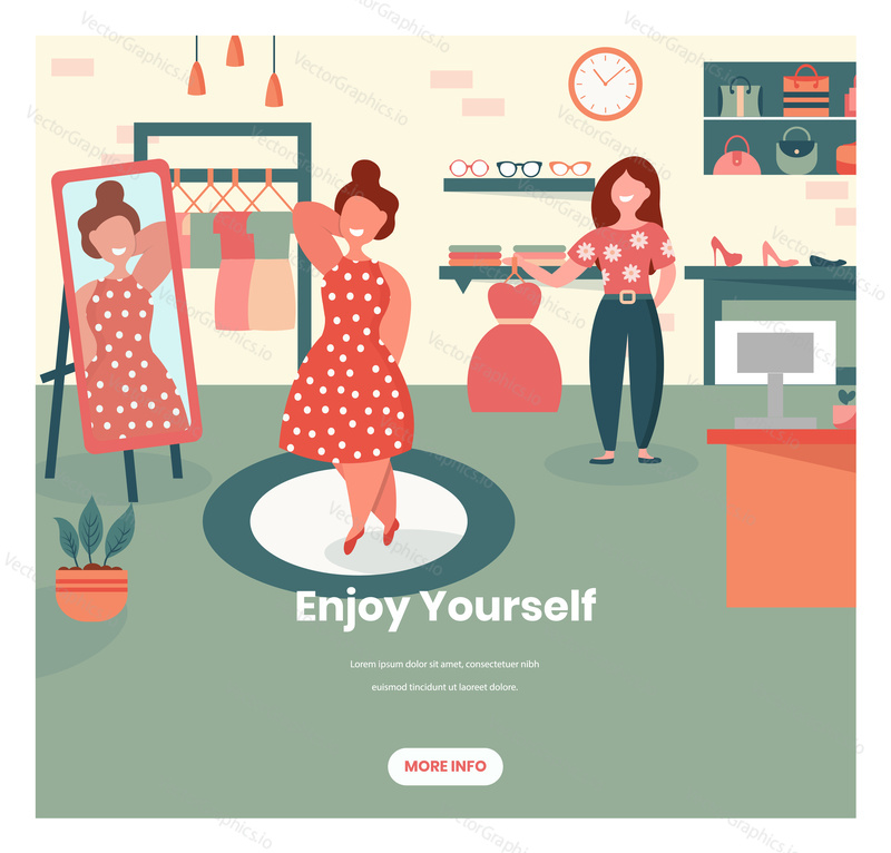 Enjoy yourself vector web banner template. Happy girl, cute plus size woman trying on dress in front of mirror, retro flat style design illustration. Body positive, love yourself, self confidence.