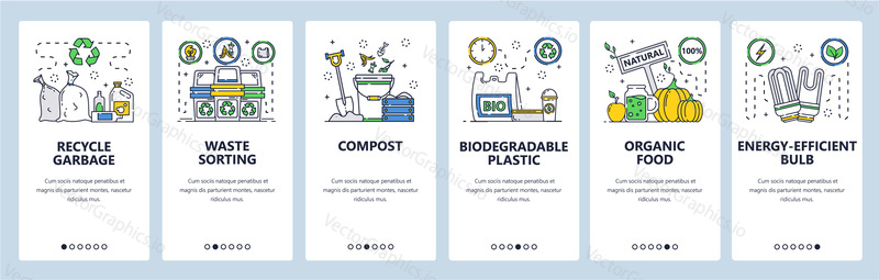 Waste sorting and recycling web site and mobile app onboarding screens. Menu banner vector template for website and application development. Organic food, recycle waste, eco plastic. Thin line art.
