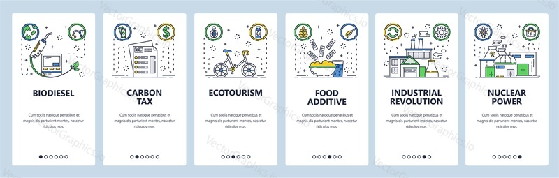 Bio lifestyle web site and mobile app onboarding screens. Menu banner vector template for website and application development. Bio diesel, food, transportation, sustainable energy. Thin line art.