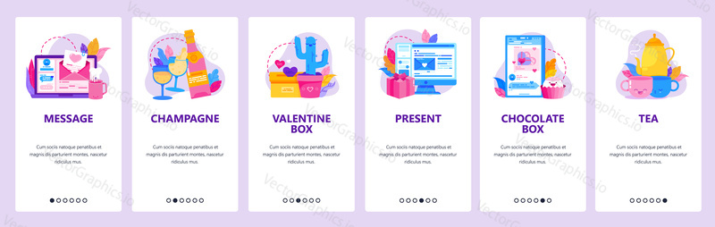 Love message and romantic dinner. Valentine day gift, online love chat on a phone. Mobile app onboarding screens. Vector banner template for website mobile development. Web site design illustration.