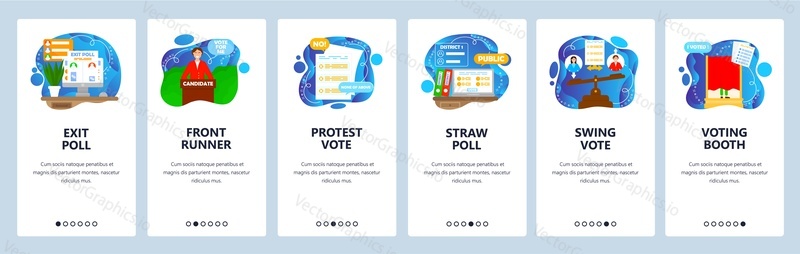 Elections and voting process. Exit poll, straw public opinion survey, voting booth, leader. Mobile app screens. Vector banner template for website and mobile development. Web site design illustration.