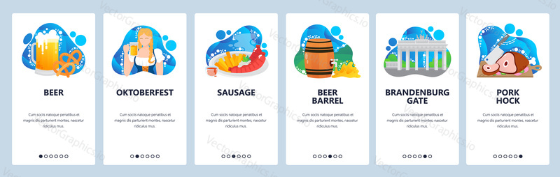 Germany web site and mobile app onboarding screens. Menu banner vector template for website and application development with abstract shapes. Germany tourist attractions, festivals, cuisine, tourism.