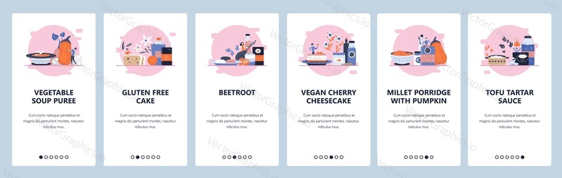 Organic healthy foods, gluten free diet, vegetable dishes, vegan cheesecake. Mobile app onboarding screens. Vector banner template for website and mobile development. Web site design illustration.