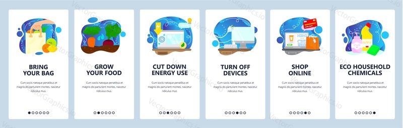 Eco friendly healthy lifestyle. Save environment, energy. Use eco bag, grow organic food. Mobile app screens. Vector banner template for website and mobile development. Web site design illustration.
