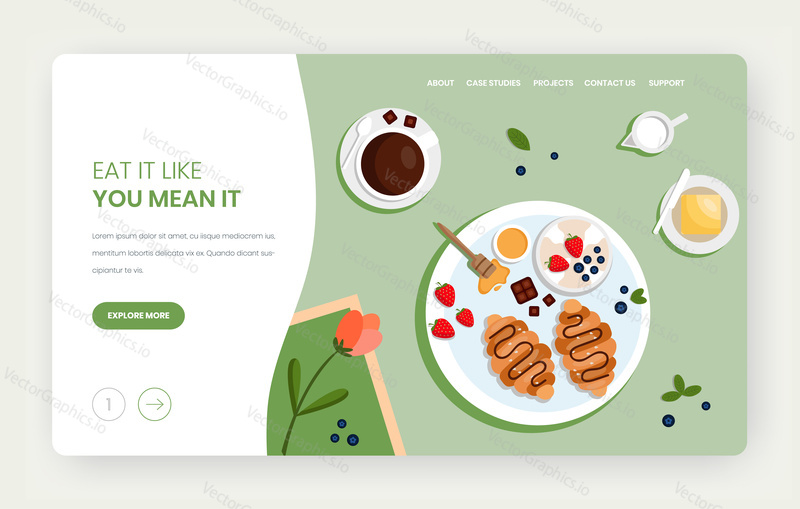 Eat a lot vector website template, landing page design for website and mobile site development. Eat it like you mean it motivational saying. Restaurant, cafe concept.