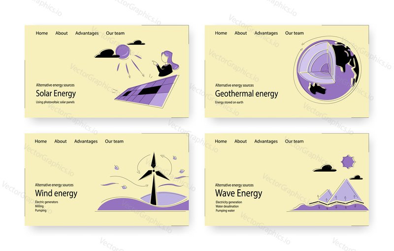 Clean alternative energy vector website template, landing page design for website and mobile site development. Solar, wind, geothermal and wave energy web banners, flat style illustration.