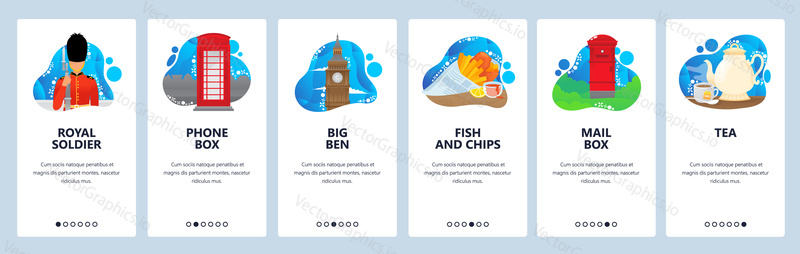 England website and mobile app onboarding screens. Menu banner vector template for web site and application development with abstract shapes. Traditions, culture, cuisine. Famous landmarks in England.