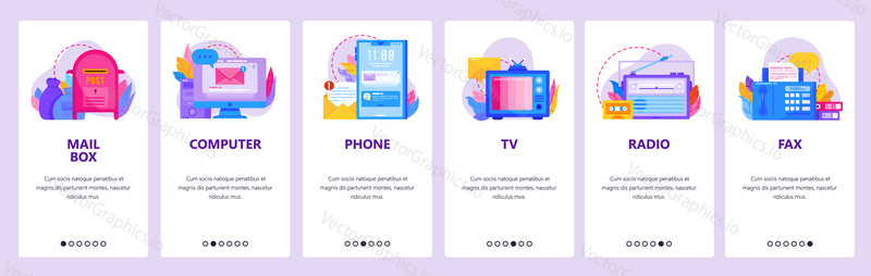 Communication web site and mobile app onboarding screens. Menu banner vector template for website and application development with abstract shapes. Phone, computer, post, radio, tv, fax communication.