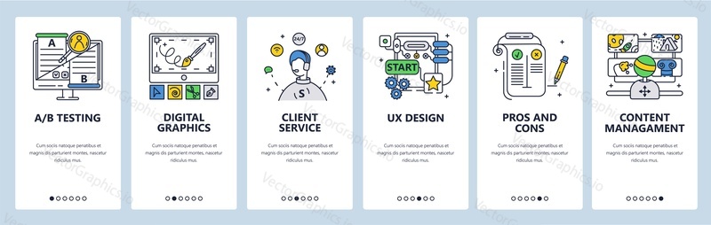 Design thinking process. Digital graphics, ab testing, content management, customer service. Mobile app screens. Vector banner template for website and mobile development. Web site design illustration