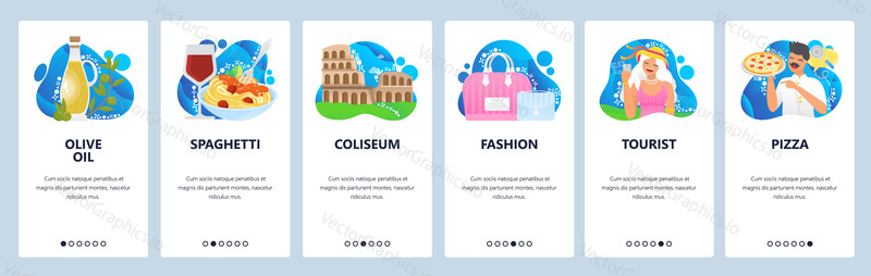 Italy web site and mobile app onboarding screens. Menu banner vector template for travel website and application development with blue abstract shapes. Italy tourist attractions, fashion, food cuisine