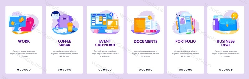Office work routine. Working time, coffee break, business deal, event calendar. Mobile app onboarding screens. Vector banner template for website and mobile development. Web site design illustration.