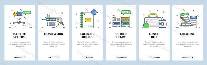 School education. Exercise books, diary, lunch box, homework, cheating. Mobile app screens. Vector banner template for website and mobile development. Web site design illustration.