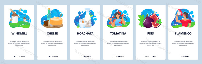 Spanish culture web site and mobile app onboarding screens. Menu banner vector template for website and application development with blue abstract shapes. Spanish cuisine, flamenco, tomatina festivals