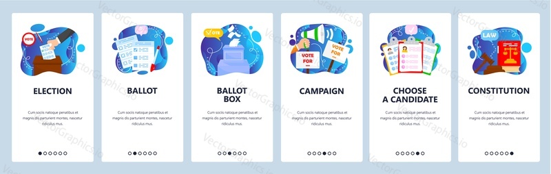 Election campaign, constitution right of citizen to vote, choose candidate, ballot box. Mobile app screens. Vector banner template for website and mobile development. Web site design illustration.