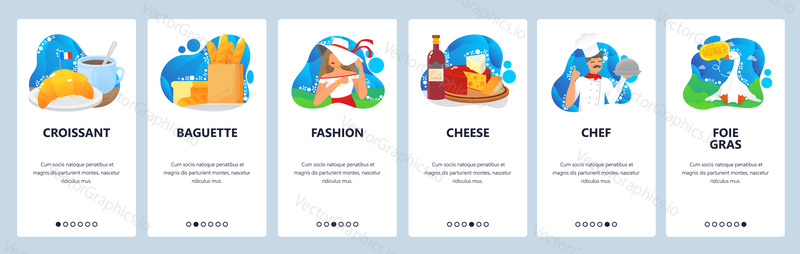 France website and mobile app onboarding screens. Menu banner vector template for web site and application development with liquid abstract shapes. France culture, fashion, food cheese, croissant etc.