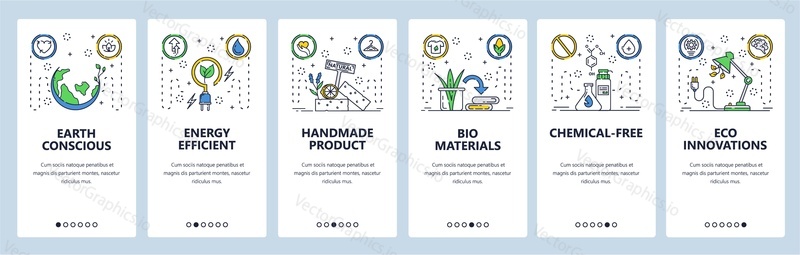 Eco life web site and mobile app onboarding screens. Menu banner vector template for website and application development. Energy efficient, chemical free handmade eco friendly products. Thin line art.
